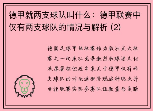 德甲就两支球队叫什么：德甲联赛中仅有两支球队的情况与解析 (2)